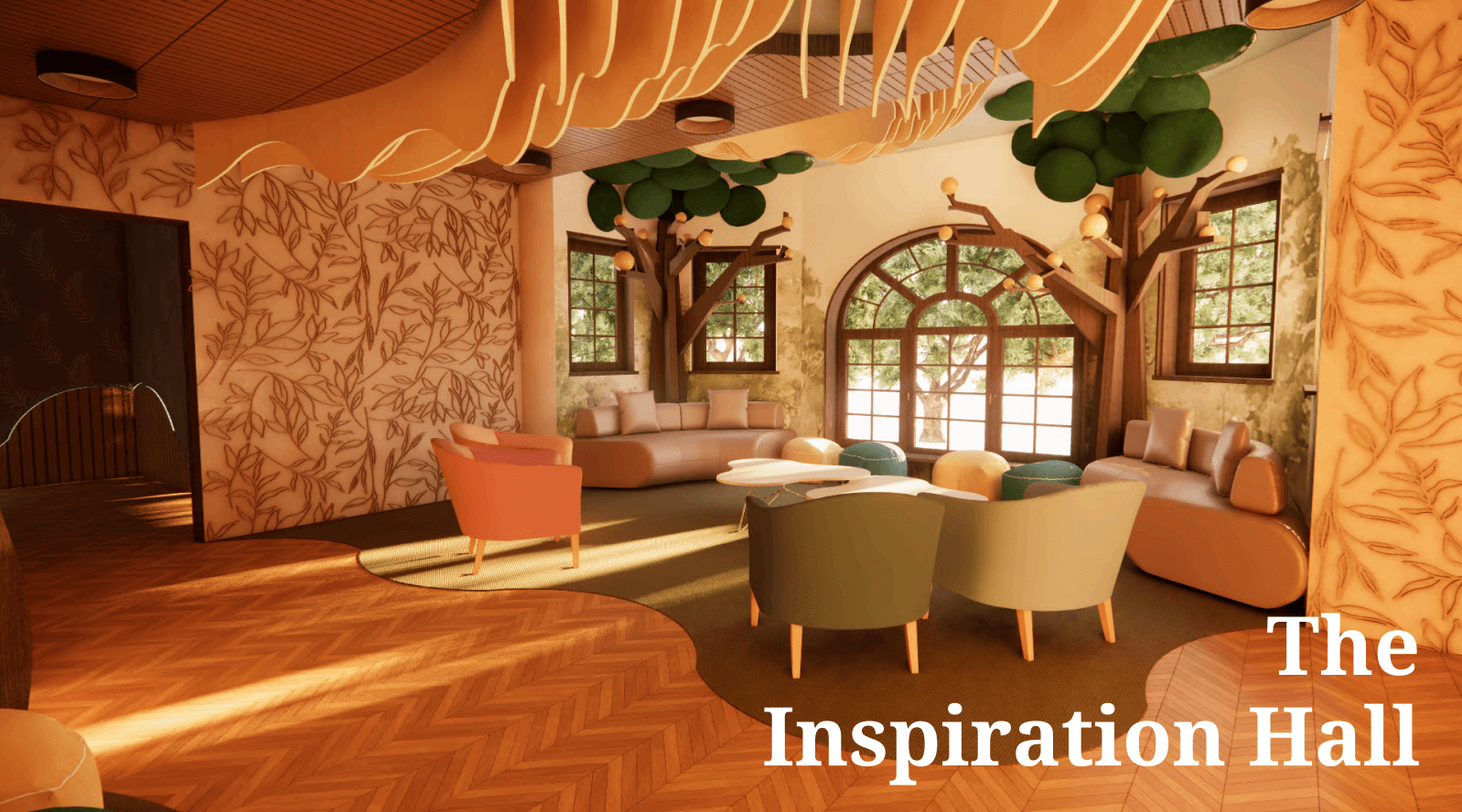 Interior of a room with large windows, colorful chairs, and decorative ceiling, labeled 'The Inspiration Hall'.