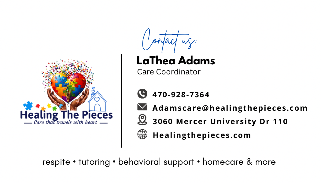 Contact information for LaThea Adams, care coordinator, with a colorful heart logo and contact details.