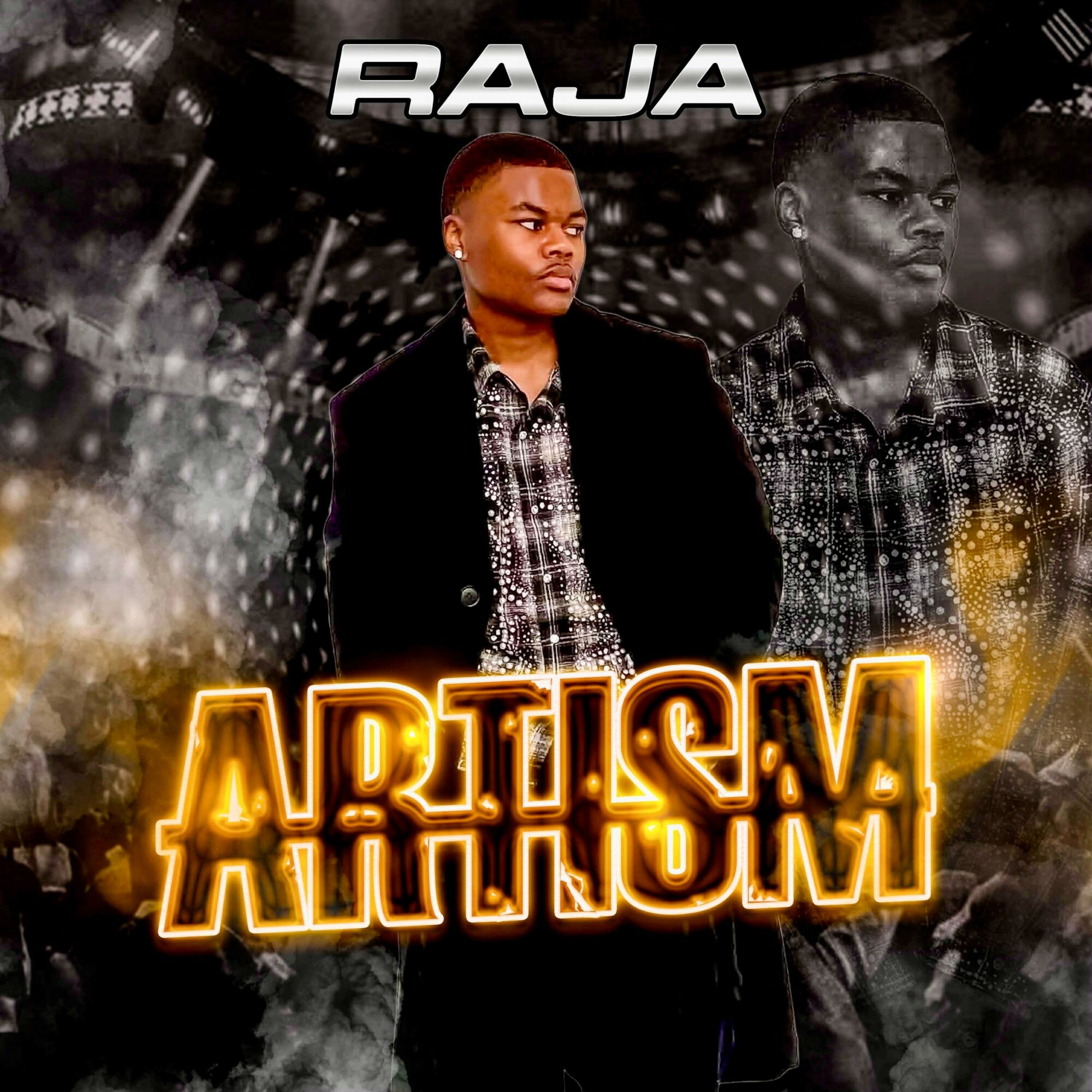 Young man in a black jacket and patterned shirt, with a mirrored background and glowing text reading ARTISM.
