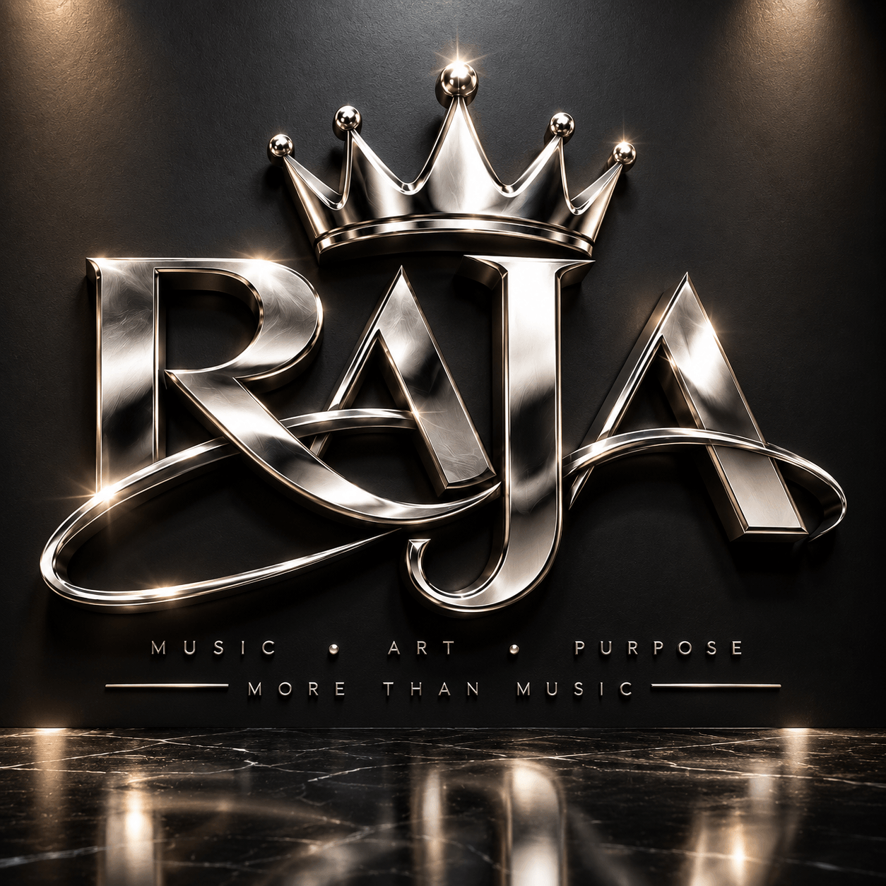 Metallic logo with a crown above the word 'RAJA' on a dark wall, reflecting on the floor, with text below reading 'Music, Art, Purpose, More Than Music'.