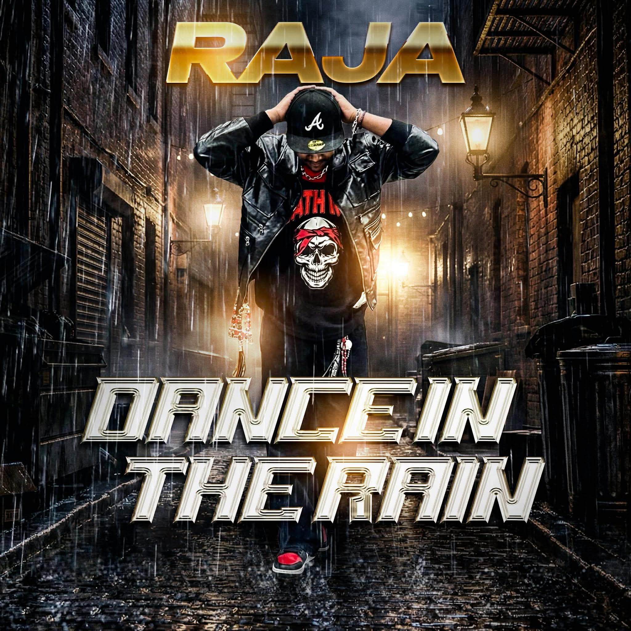 Person wearing a mask and cap, walking in a rainy urban alley at night, with streetlights and buildings, promoting 'Dance in the Rain'.