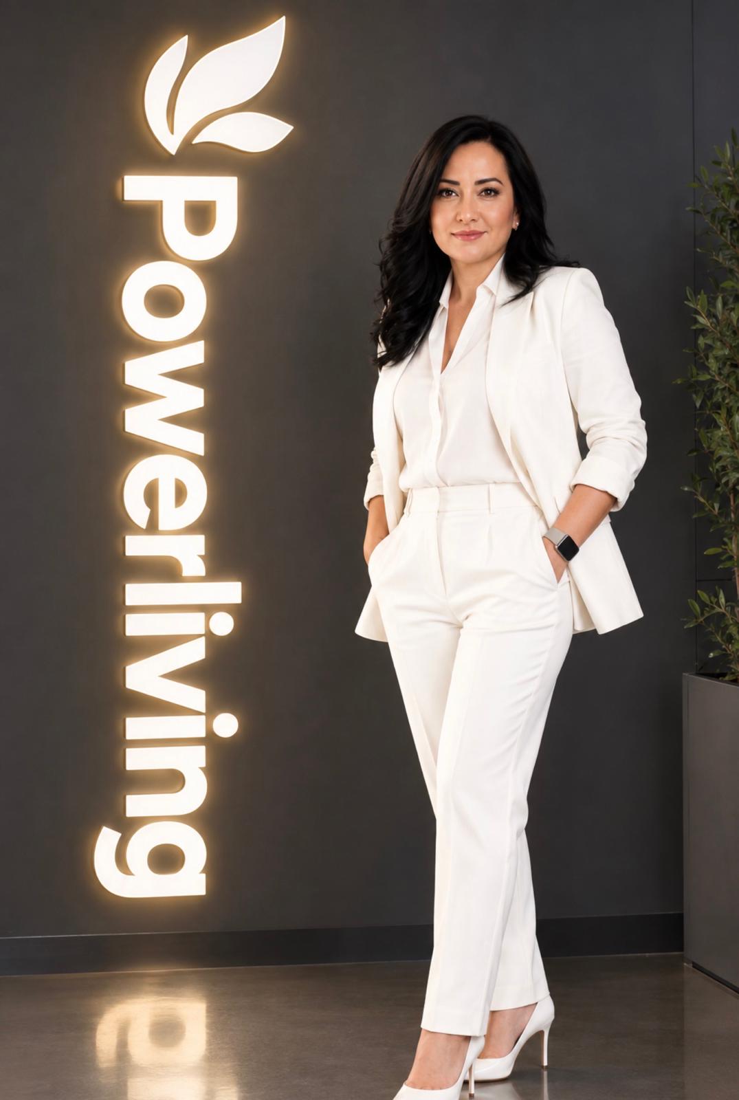 Woman in white suit standing next to a PowerLiving sign, smiling, hands in pockets, indoor setting.