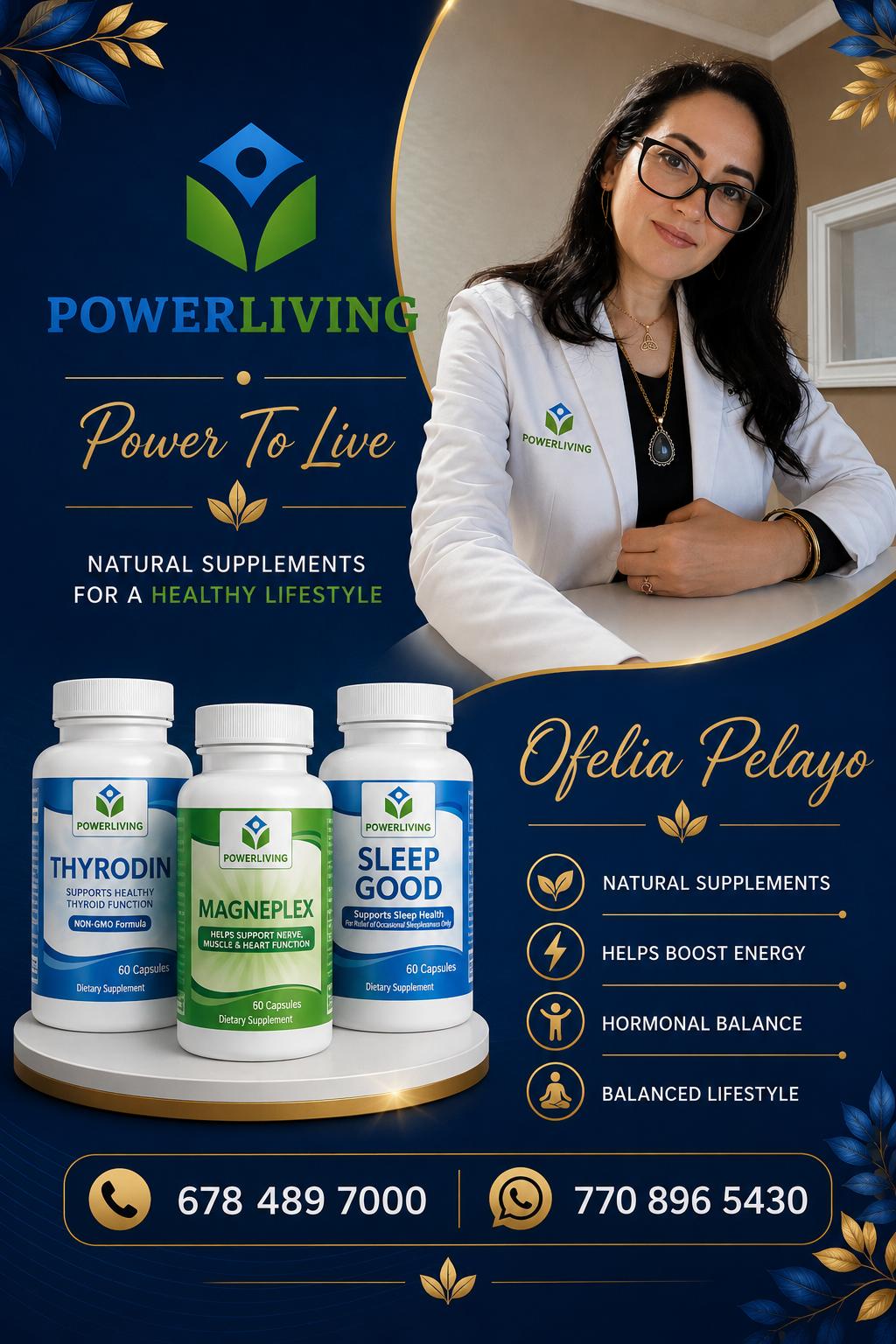 Woman in white coat with glasses standing next to supplement bottles, promotional background with logo and text.