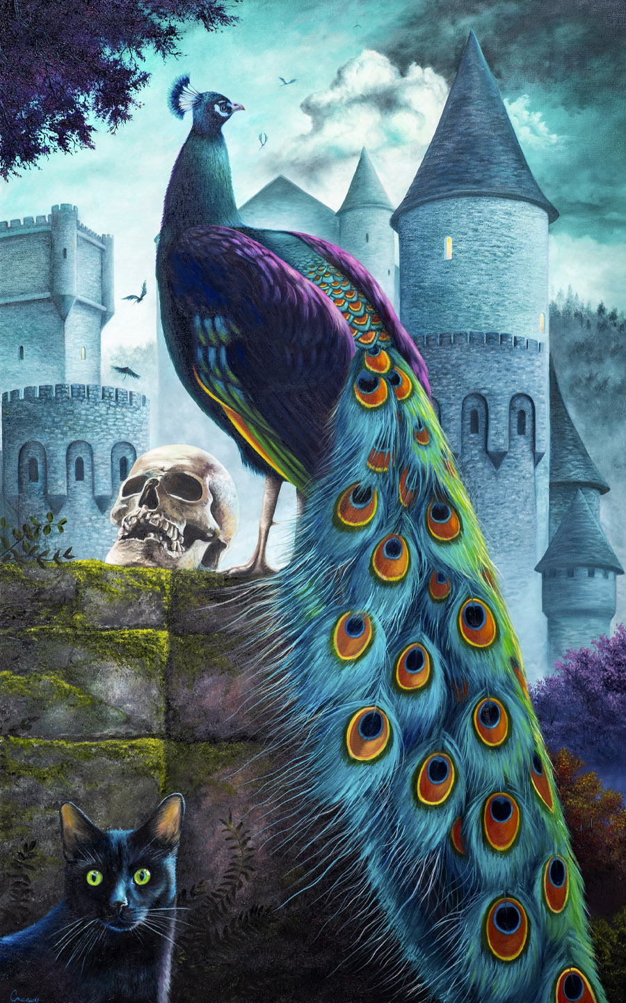 Peacock with vibrant tail feathers perched on a stone wall next to a skull, castle towers in the background, cloudy sky.