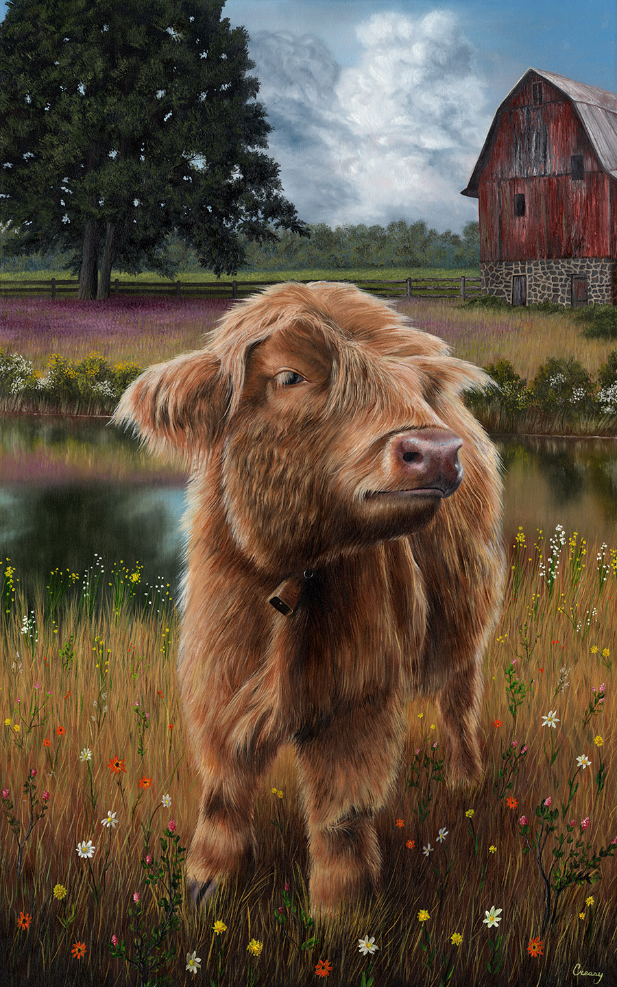 A brown dog standing in a field with a barn, tree, and cloudy sky in the background.