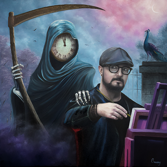 A surreal scene with a figure with a clock face as a head, holding a scythe, and a man with glasses painting on a canvas, with a peacock in the background.