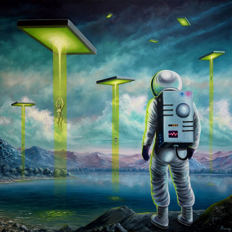 Astronaut standing on rocky terrain with floating green-lit platforms in a surreal landscape with mountains and water.