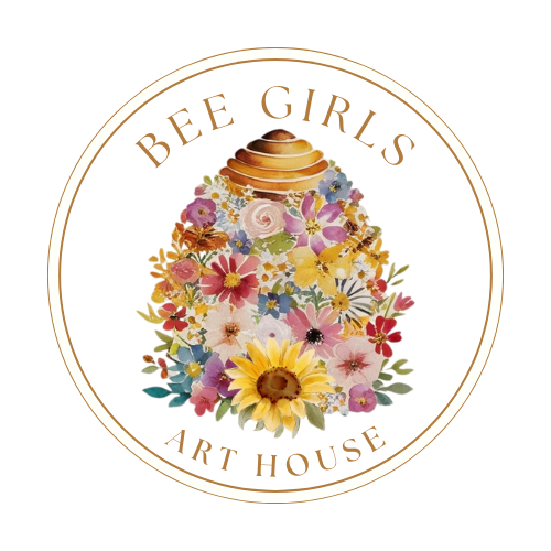 A beehive surrounded by colorful flowers inside a circular border with text 'Bee Girls Art House'.