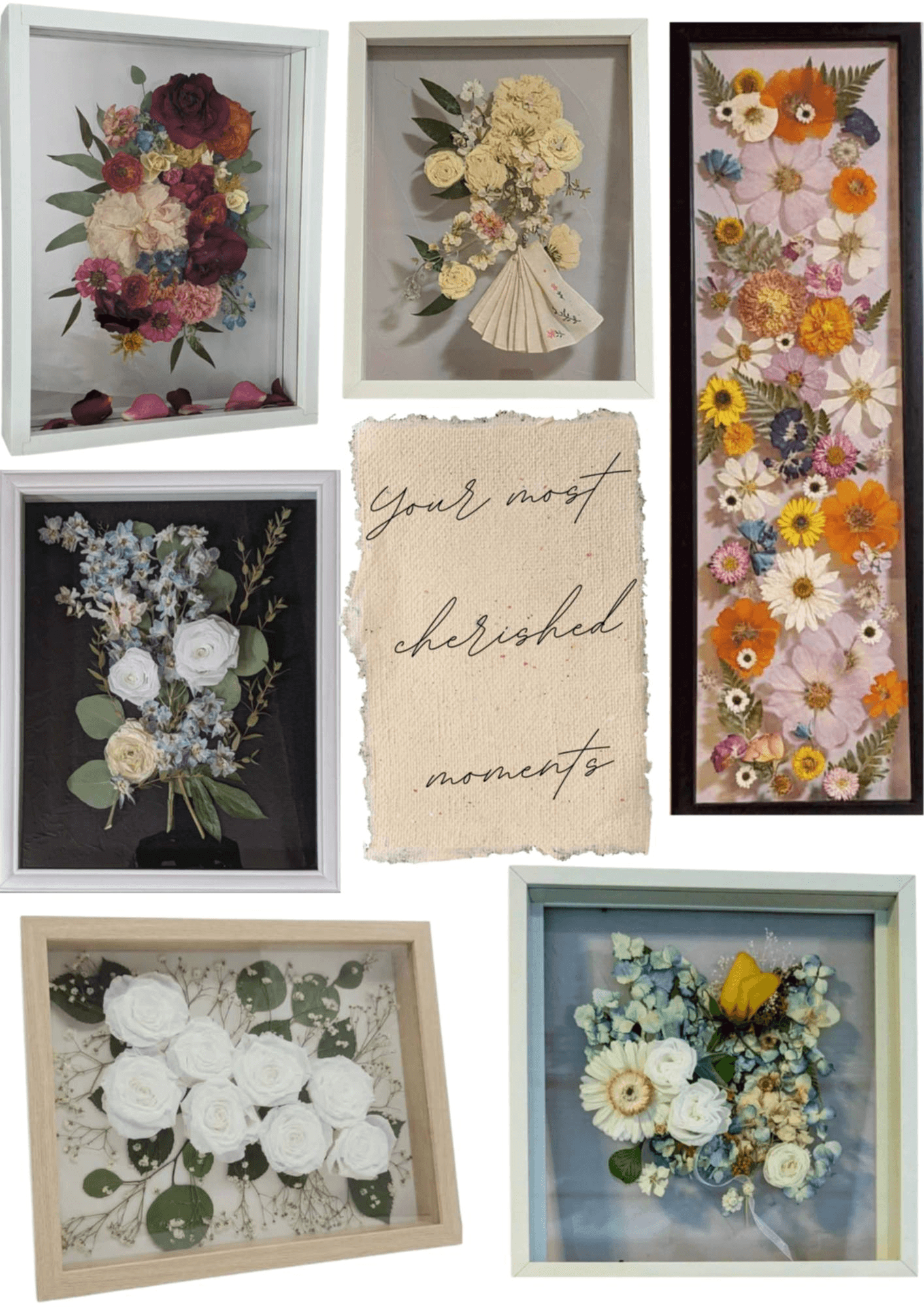 Six framed floral arrangements and a handwritten note, arranged in a collage, with various flower colors and styles.