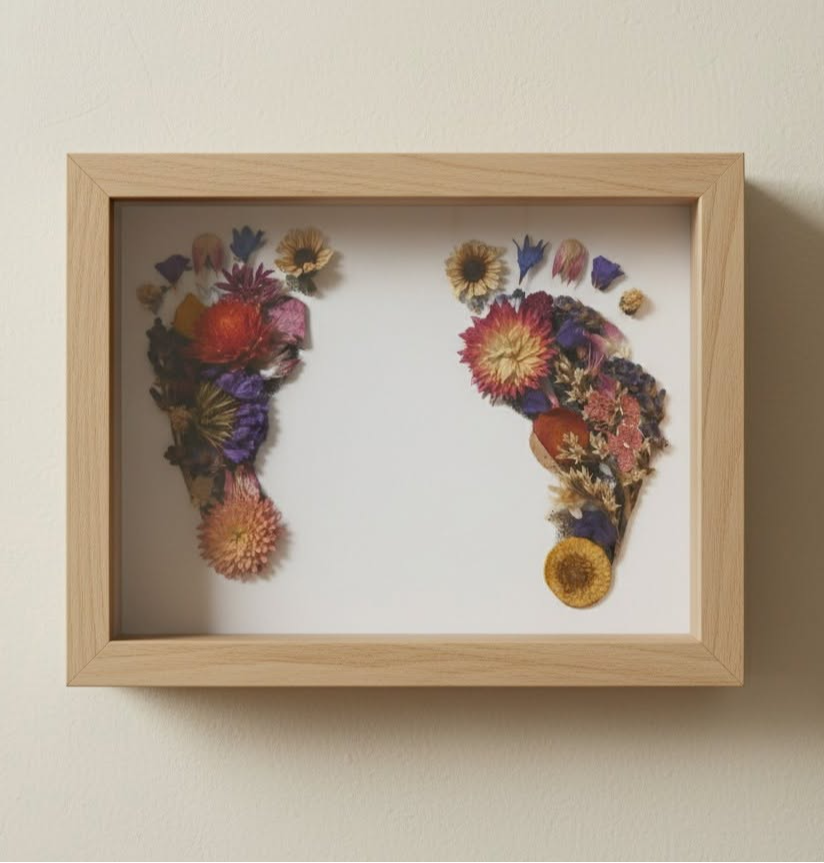 Frame with pressed flowers arranged in the shape of Africa and South America, on a white background.