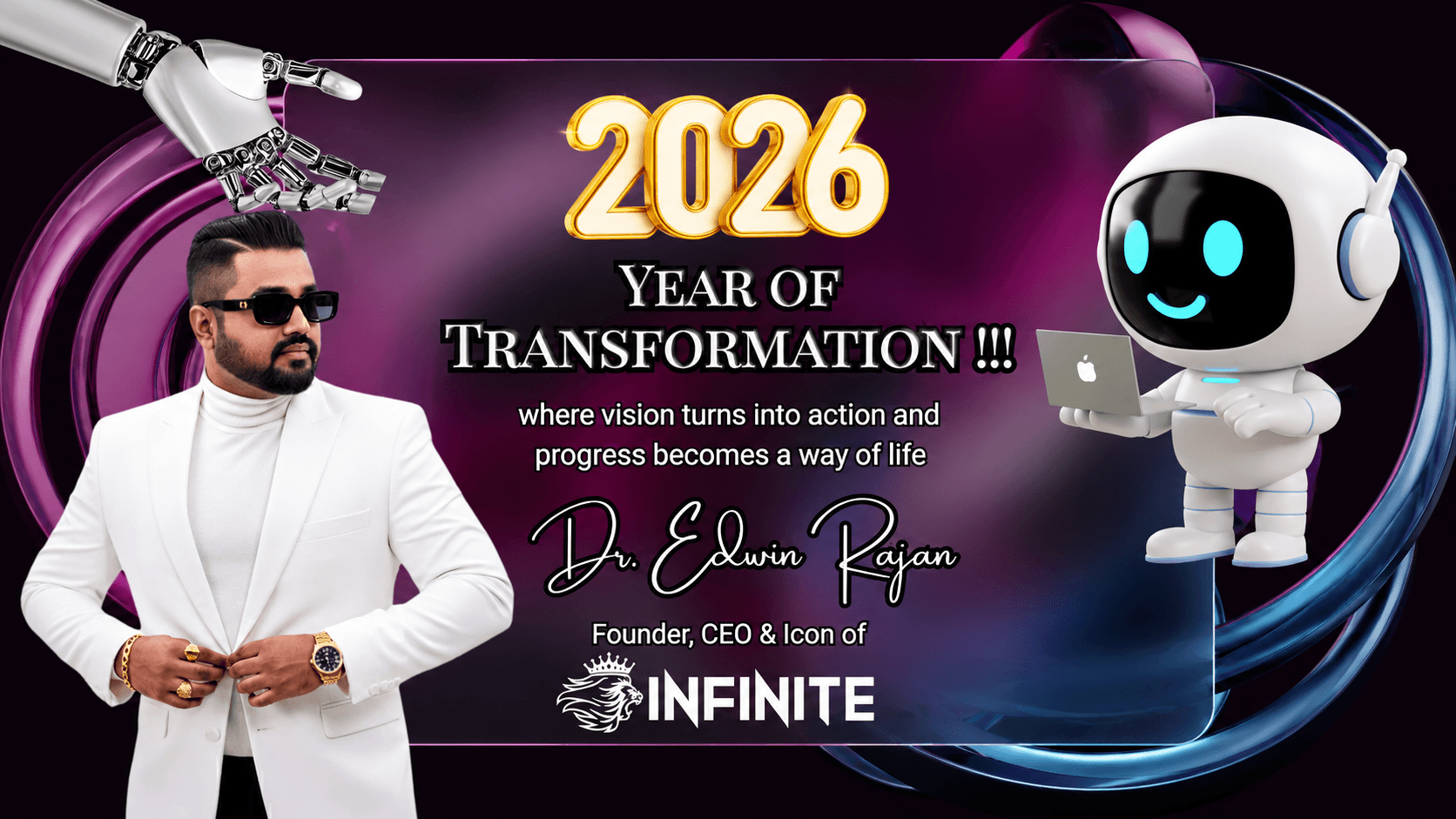 Celebration banner for 2026, featuring a man in white suit, a robot, and text about transformation and progress.