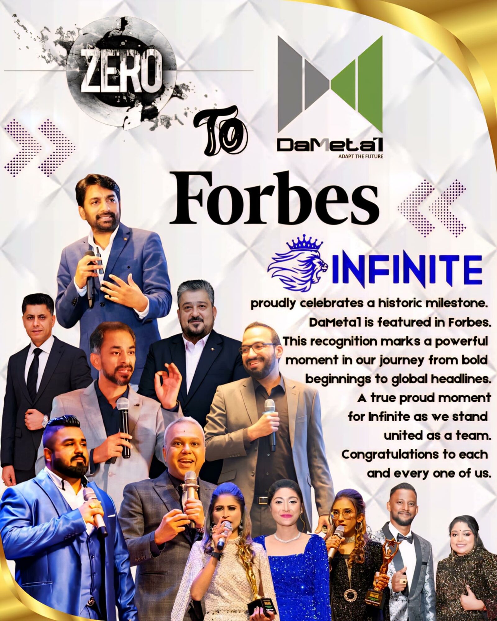 Group of people in formal attire holding microphones, celebrating a milestone with Forbes and Infinite logos in the background.