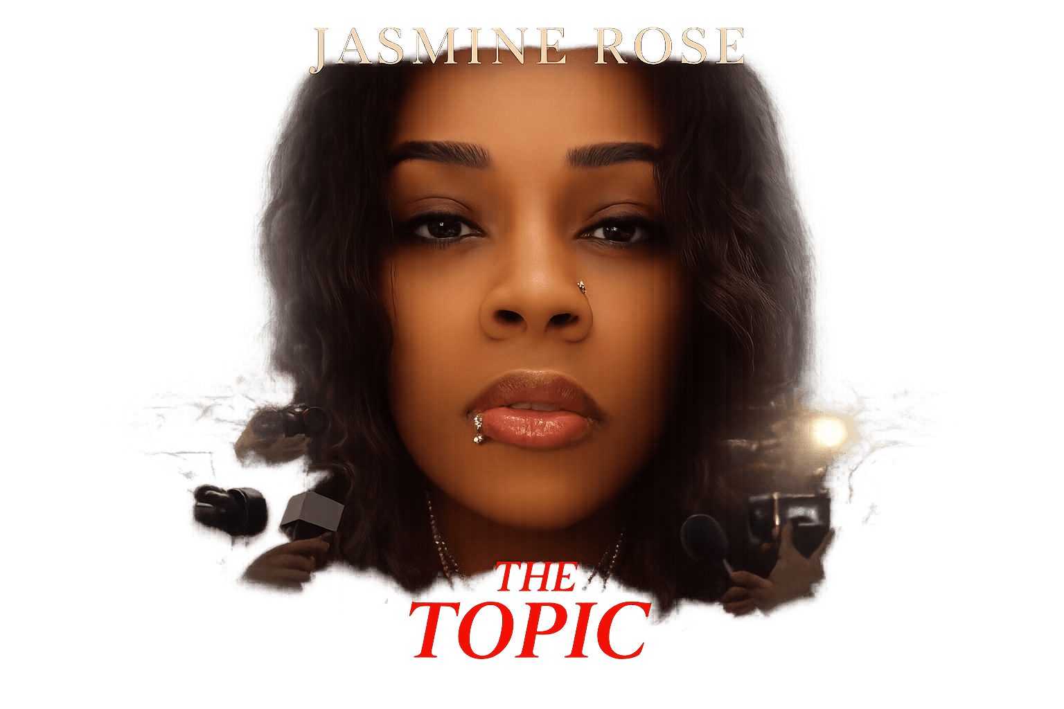 Close-up of a woman with dark hair and makeup, with text 'Jasmine Rose' and 'The Topic' in red.