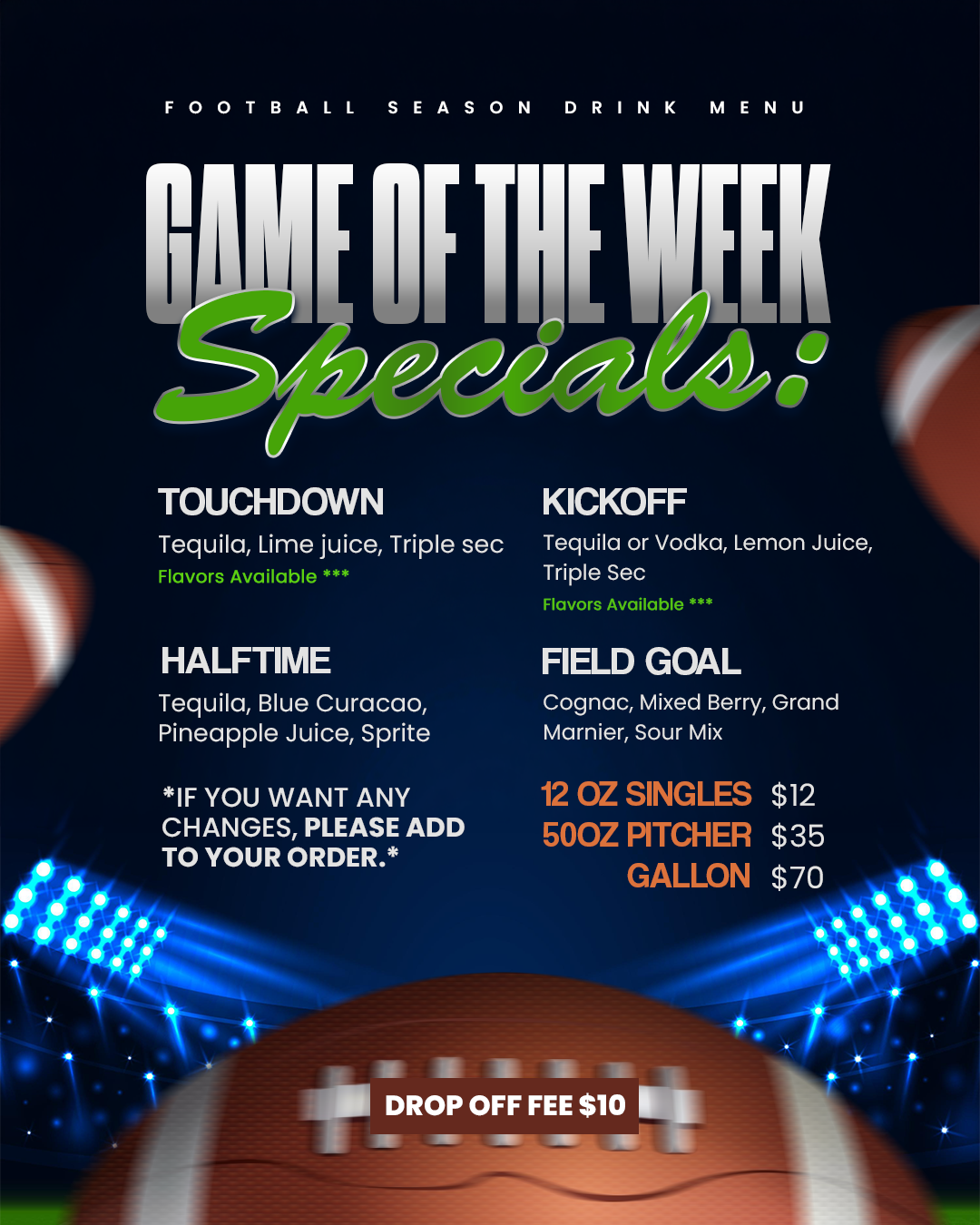 Game of the Week specials menu with drink options and prices, including kickoff, halftime, and field goal categories, on a dark background.
