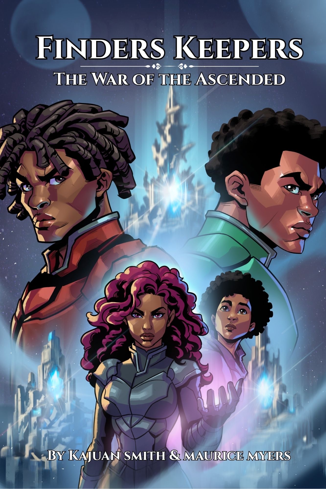 Book cover with four characters, two in the foreground and two in the background, against a blue-lit cityscape. Title: Finders Keepers.
