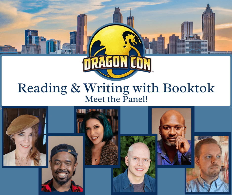 Panel for Dragon Con event with city skyline, logo, and six diverse people photos, promoting reading and writing with Booktok.