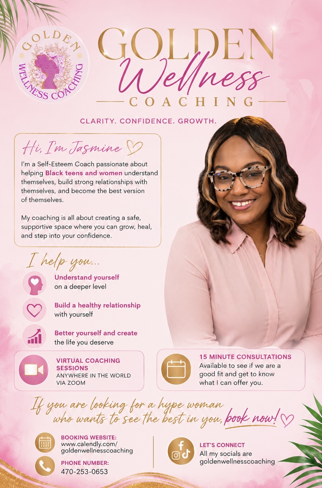 Business card for Golden Wellness Coaching features a smiling woman with glasses, pink background, and contact details.