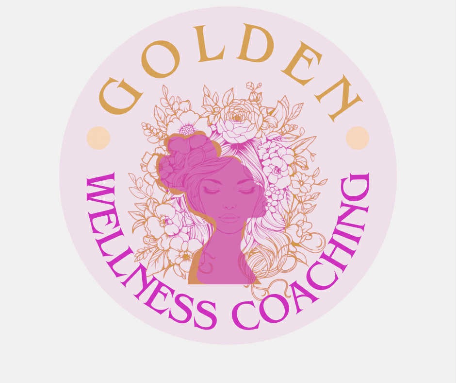 A logo with a purple silhouette of a woman surrounded by flowers, with gold and purple text reading 'GOLDEN WELLNESS COACHING'.
