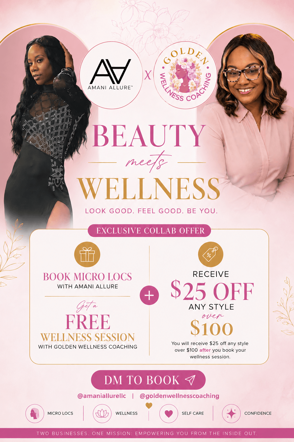 Two women pose with promotional text for beauty and wellness event, pink and gold design, logos, and offer details.