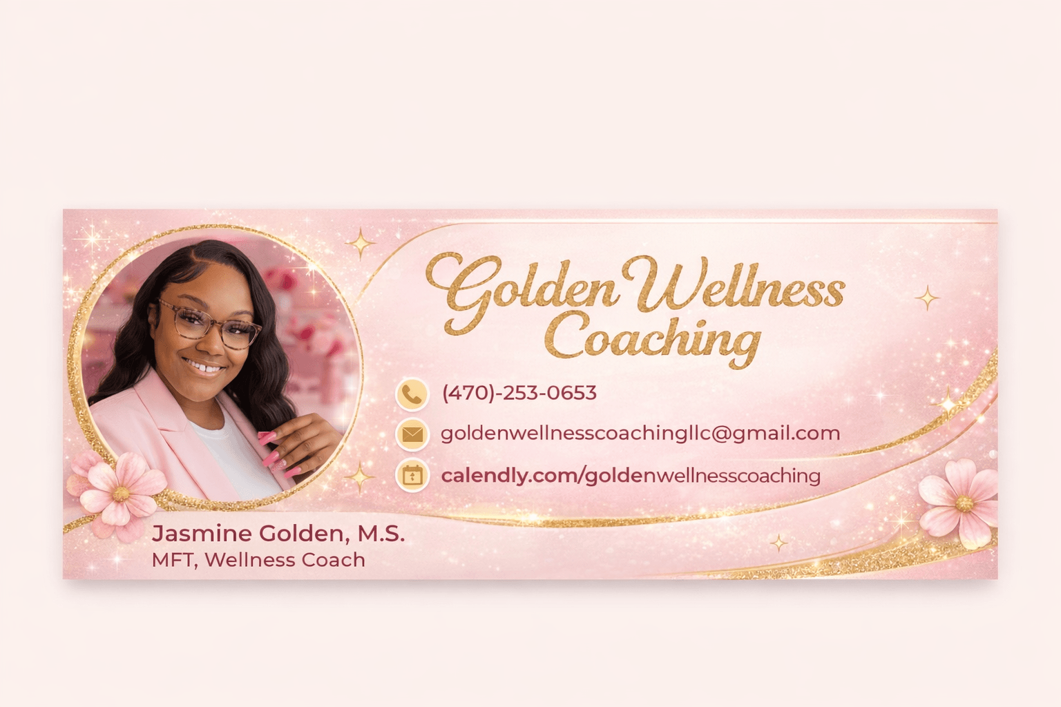 Business card for Golden Wellness Coaching featuring a smiling woman with glasses, pink background, and contact details.