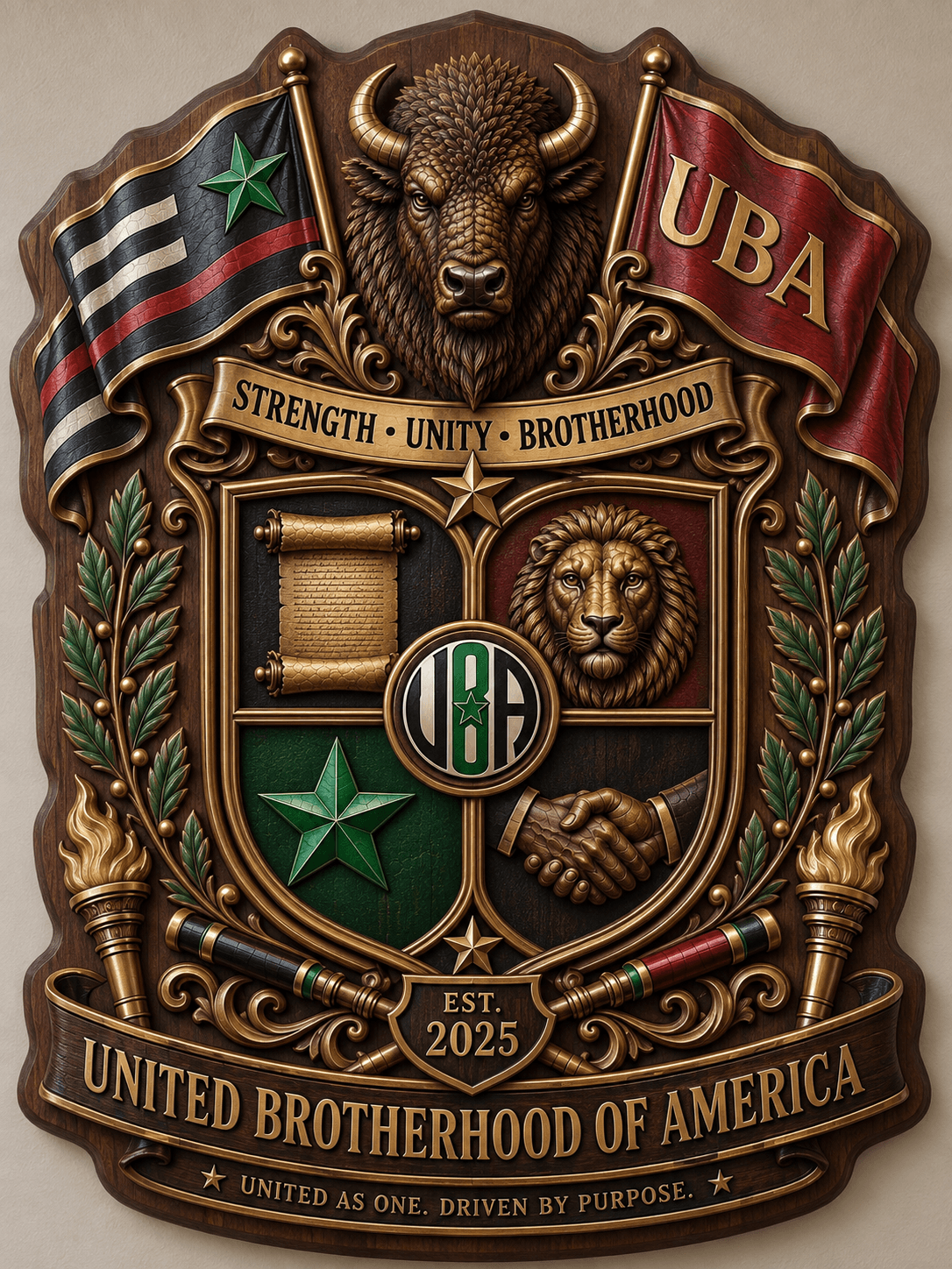 Emblem with a buffalo head, flags, shield, and symbols representing strength, unity, and brotherhood, with text about UBA and United Brotherhood of America.