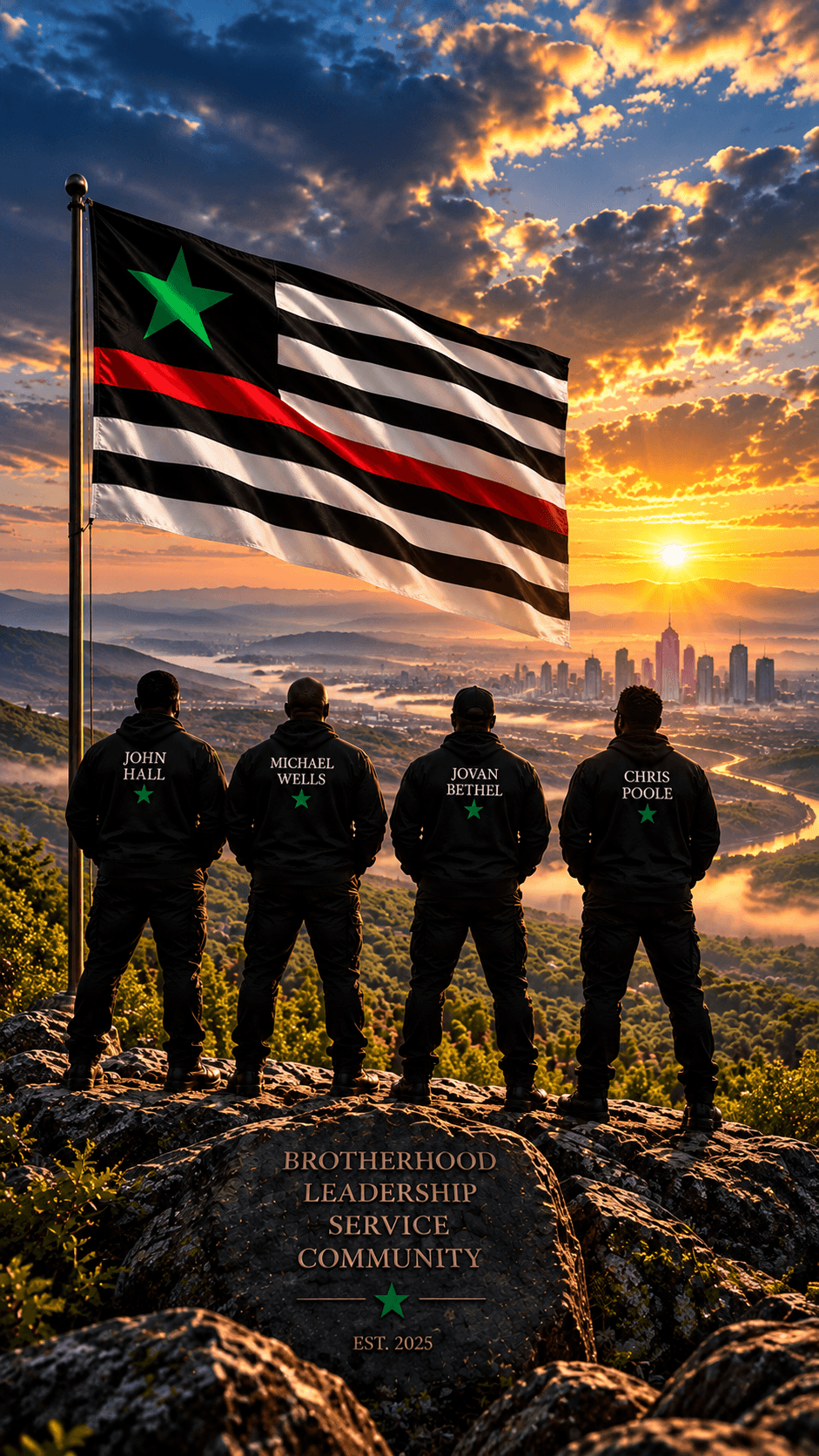 Four police officers stand on a hill at sunset, with a flag featuring black and white stripes, a green star, and red accents, and a city skyline in the background.