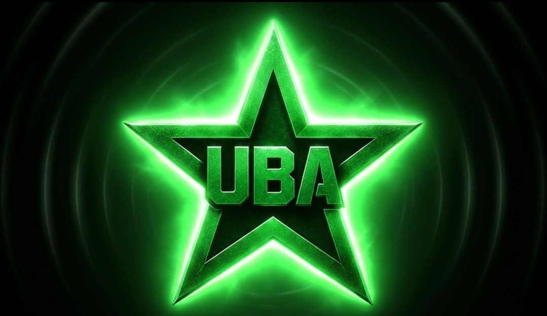 Bright green neon star with the word 'UBA' inside, glowing against a dark background.