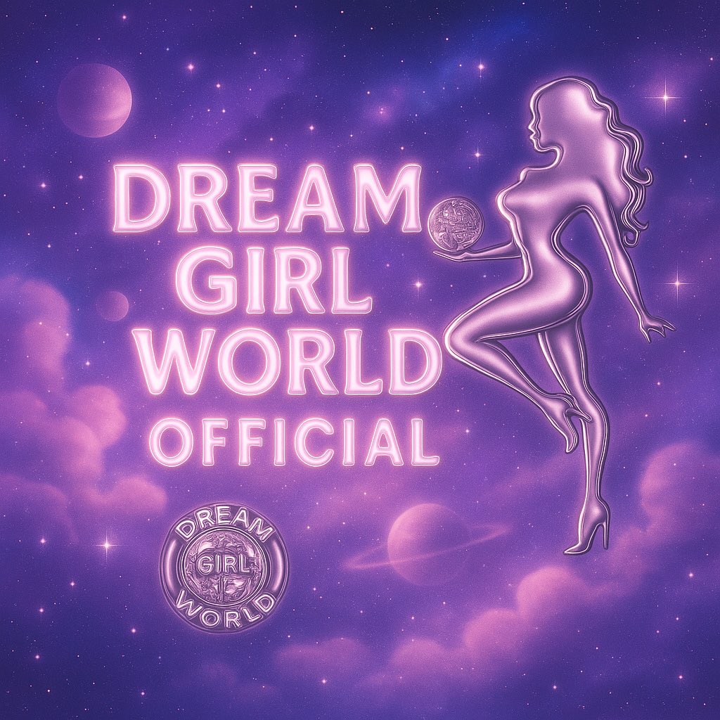 A glowing outline of a girl holding a moon, surrounded by stars and clouds in a purple space background.