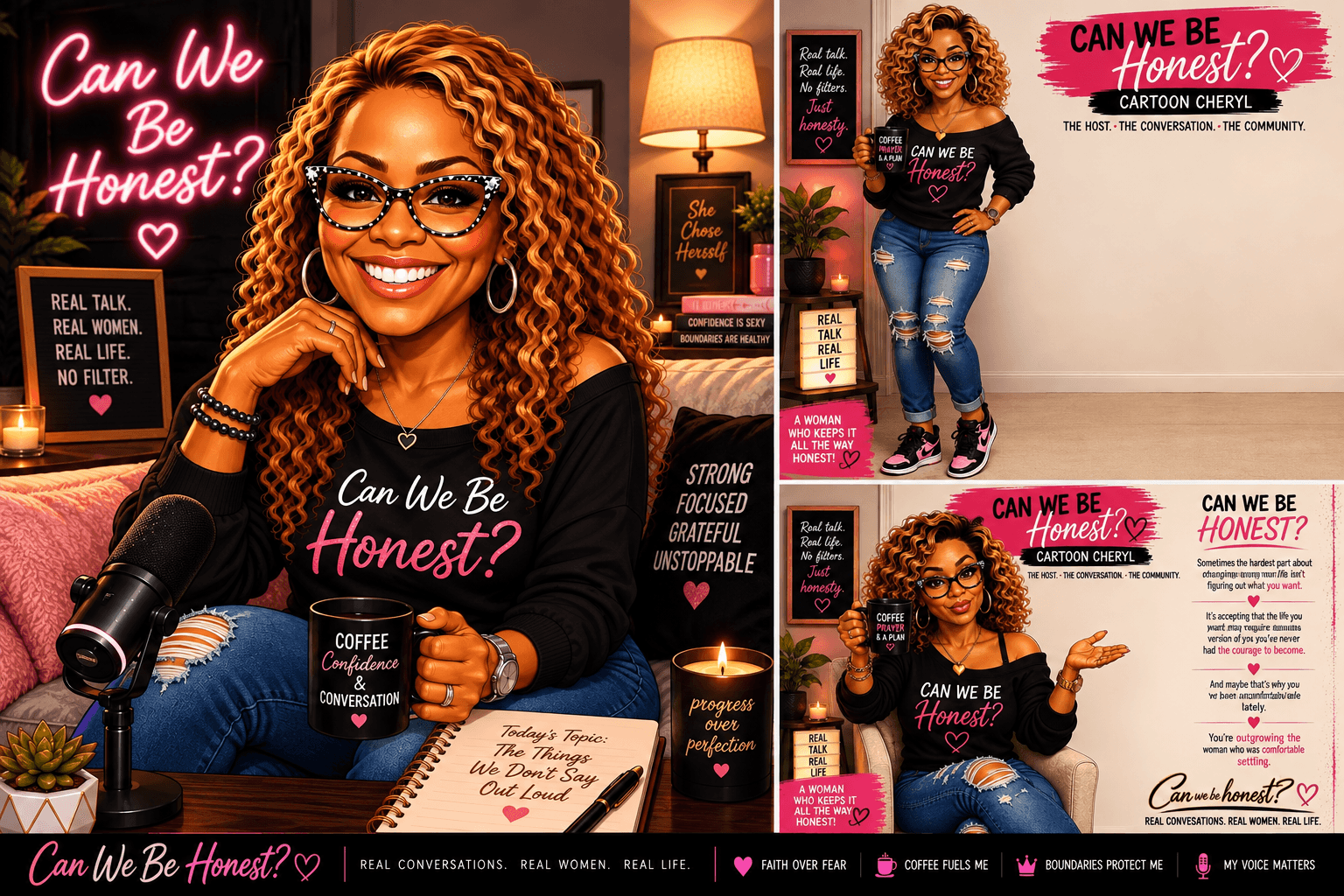 Woman with curly hair and glasses smiling, surrounded by pink and black signs with text about honesty, in a cozy room.
