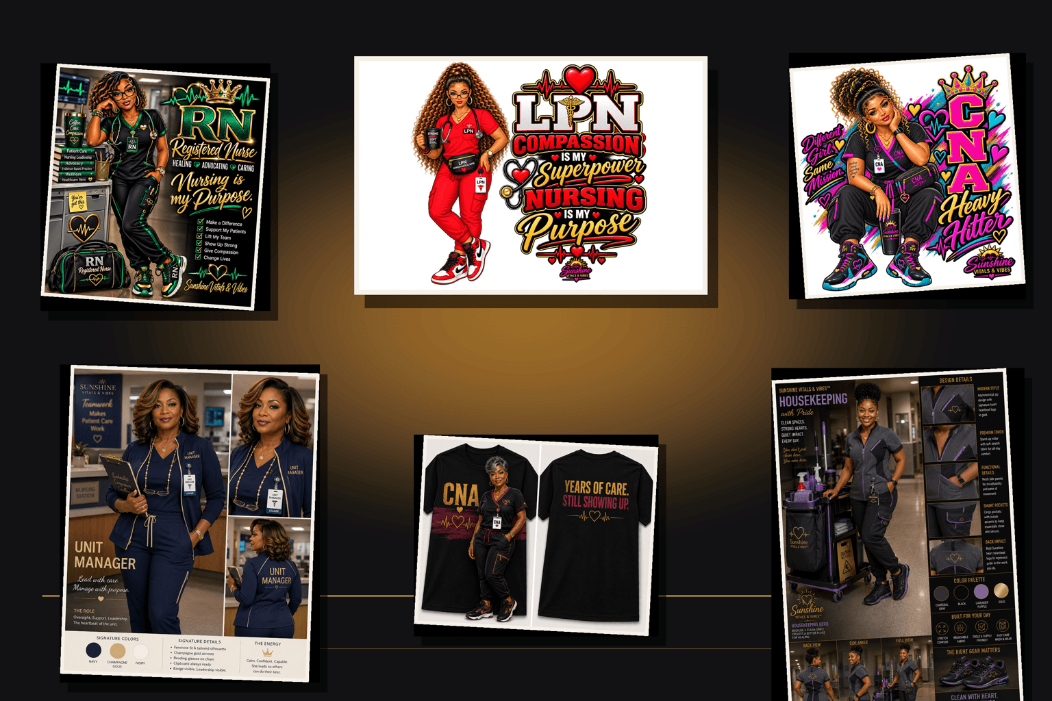 Six images of women, some in uniforms or costumes, with text and logos, arranged in a collage.