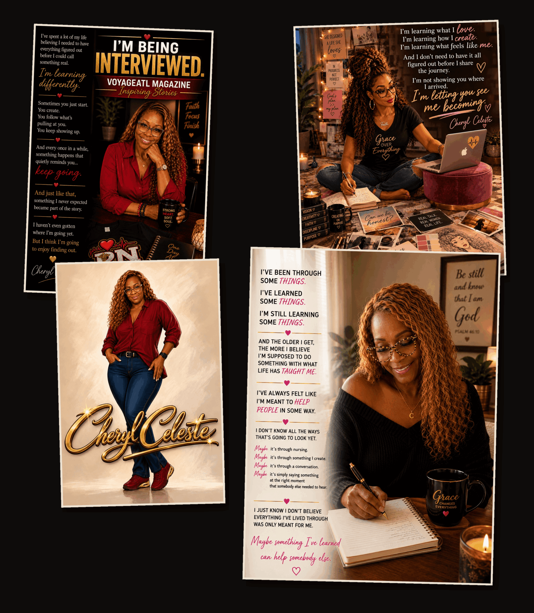 Four images of a woman with curly hair: magazine cover, working at a desk, standing in red top, writing at a table.
