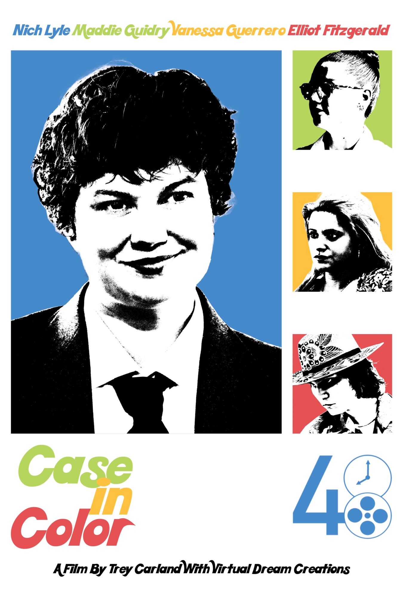 Black and white portrait of a smiling woman with short curly hair, colorful graphic design elements, and text on a poster.