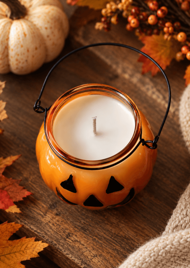 Pumpkin-shaped candle holder with a white candle inside, surrounded by autumn decorations including pumpkins, leaves, and a knitted fabric.