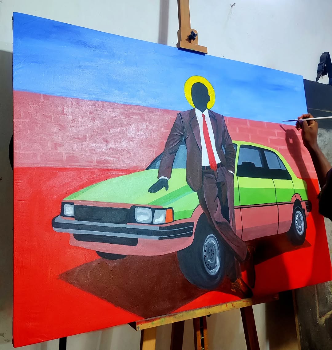 Person with a painted face in a suit leaning on a colorful car against a red and blue background.