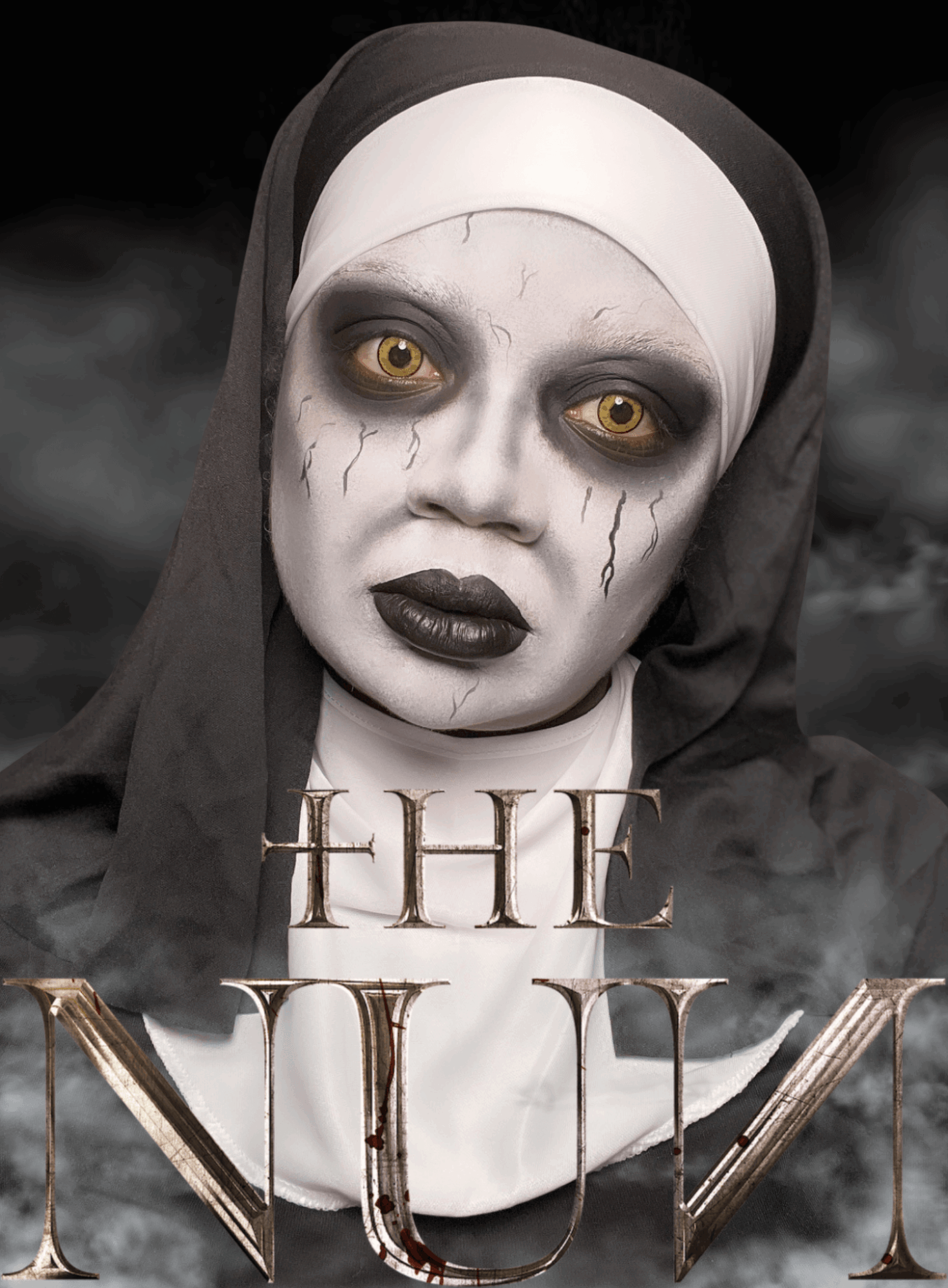 Person with pale face, dark makeup, and yellow eyes, dressed as a nun with a dark veil, in a smoky background.