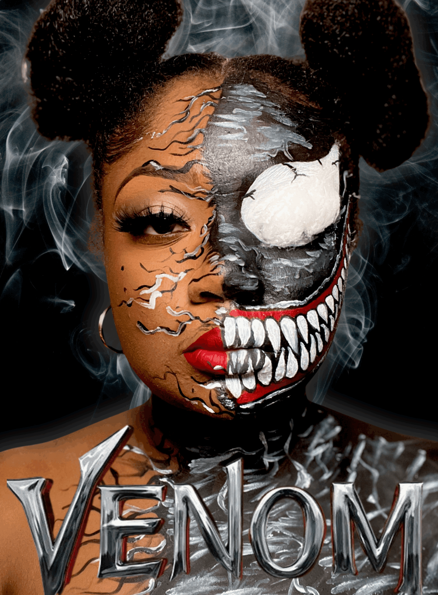 A woman with half her face painted as a sinister clown, featuring sharp teeth, a white eye, and dark makeup, with the word 'VENOM' below.
