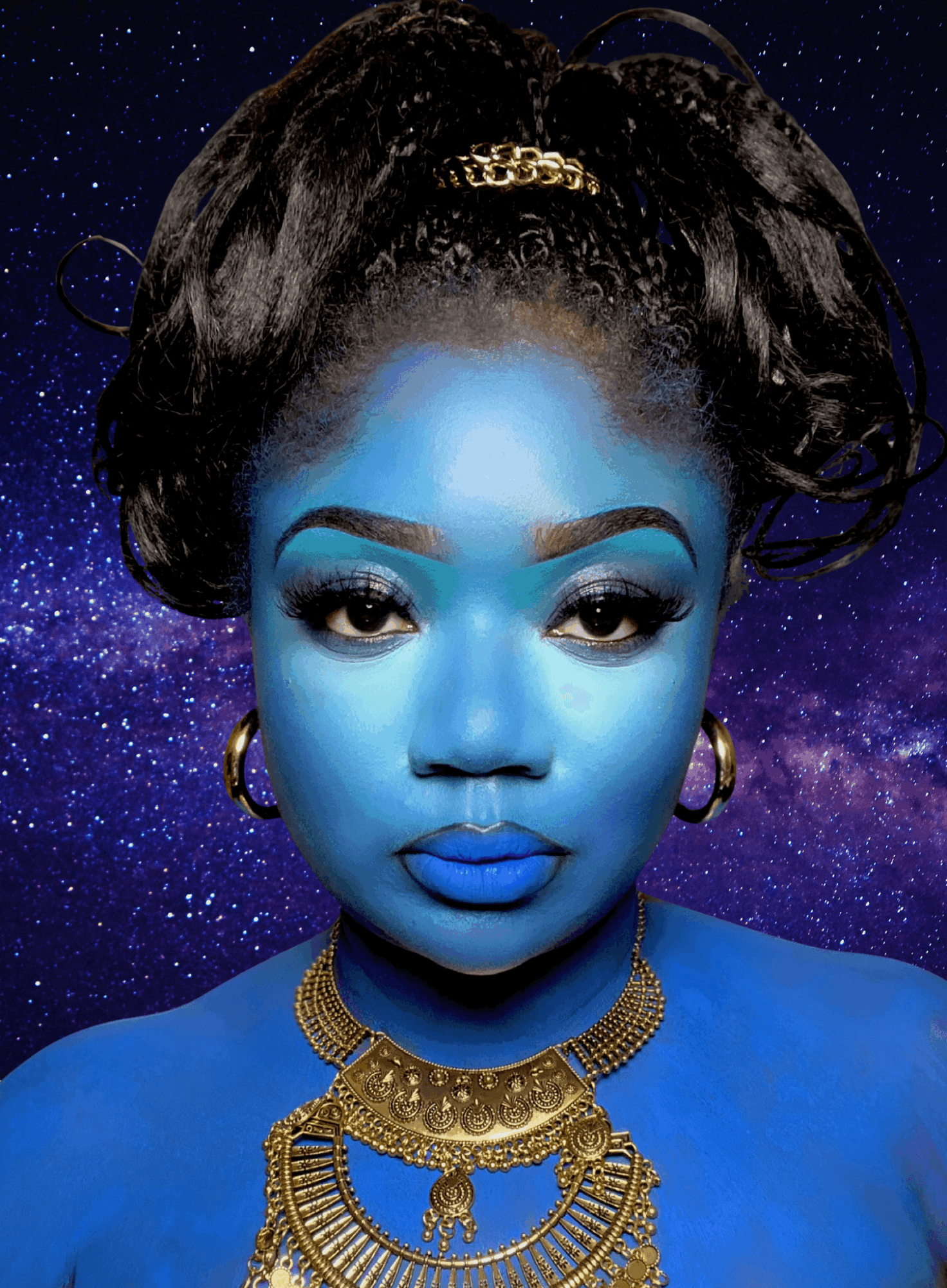 Portrait of a woman with blue skin, wearing gold jewelry, against a starry galaxy background.