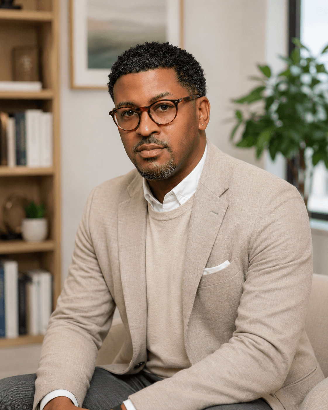 Man with glasses in beige blazer and white shirt sitting indoors, bookshelf and plant in background.