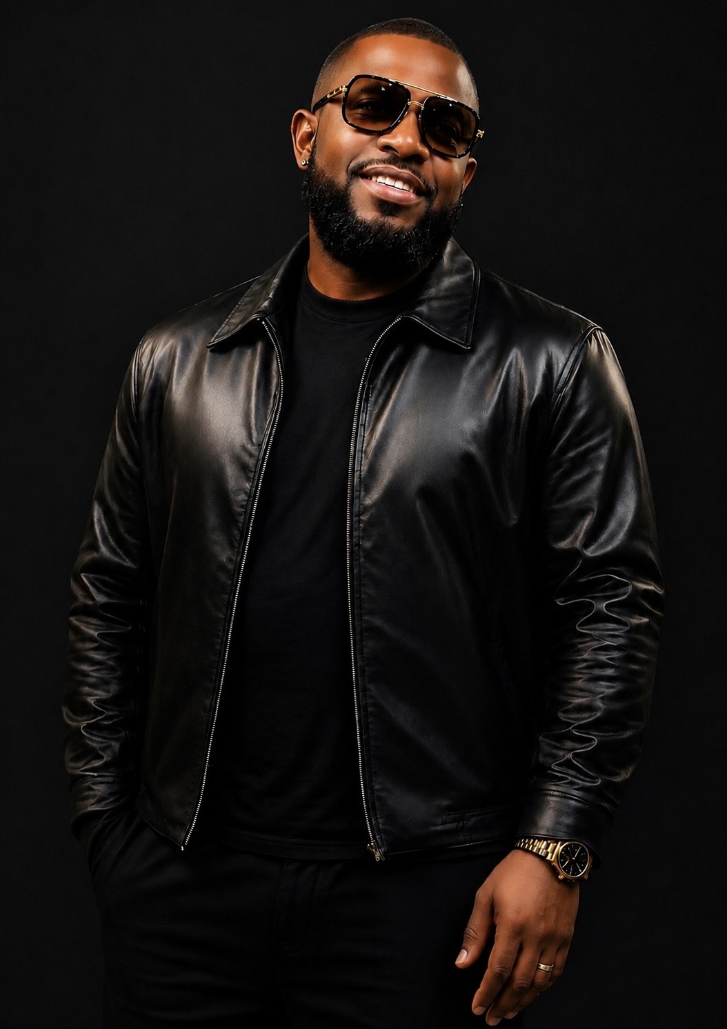 Man wearing sunglasses and a black leather jacket, smiling, against a black background.