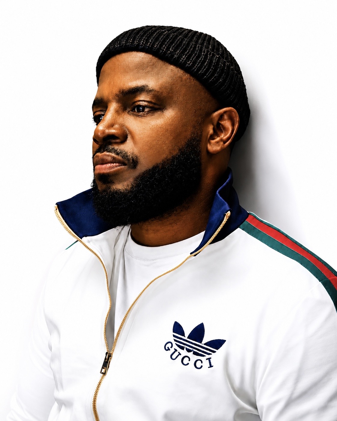 Man with a beard wearing a black beanie and white jacket with blue collar and Gucci logo, looking to the side.