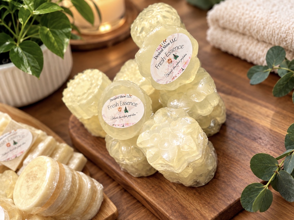 Stacked yellow soap bars on a wooden tray with towels and green plants nearby.