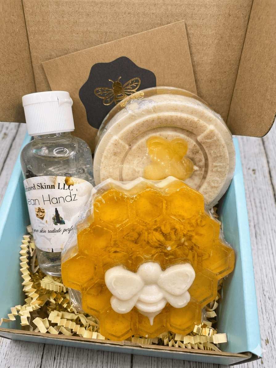 Gift box contains a small bottle, a round soap, and a honey bear-shaped soap with a bow, all on shredded paper.