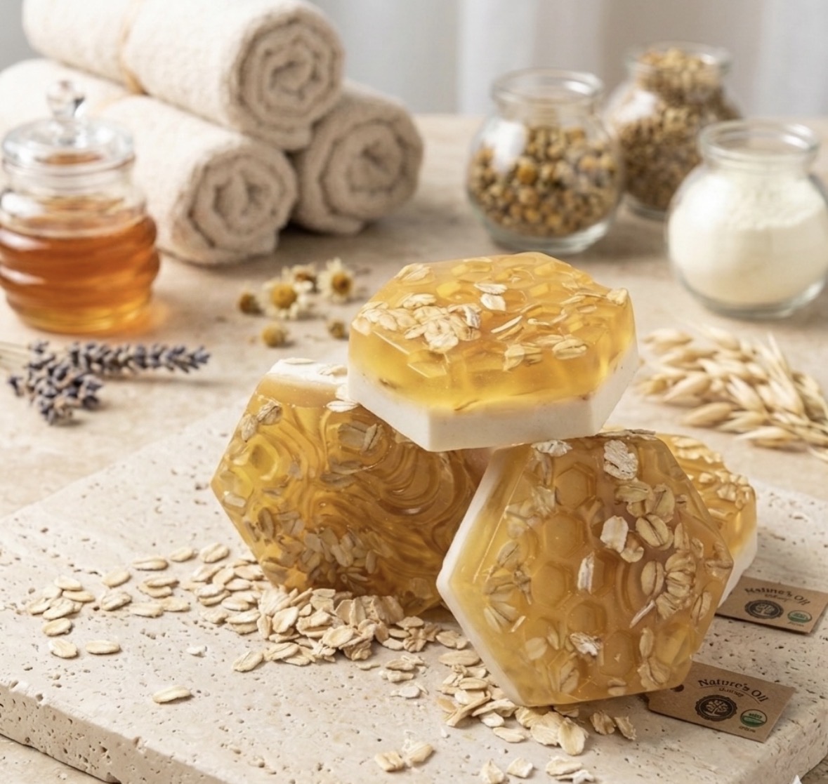 Three honey-colored soap bars with almond slices on top, surrounded by towels, jars, and ingredients on a countertop.