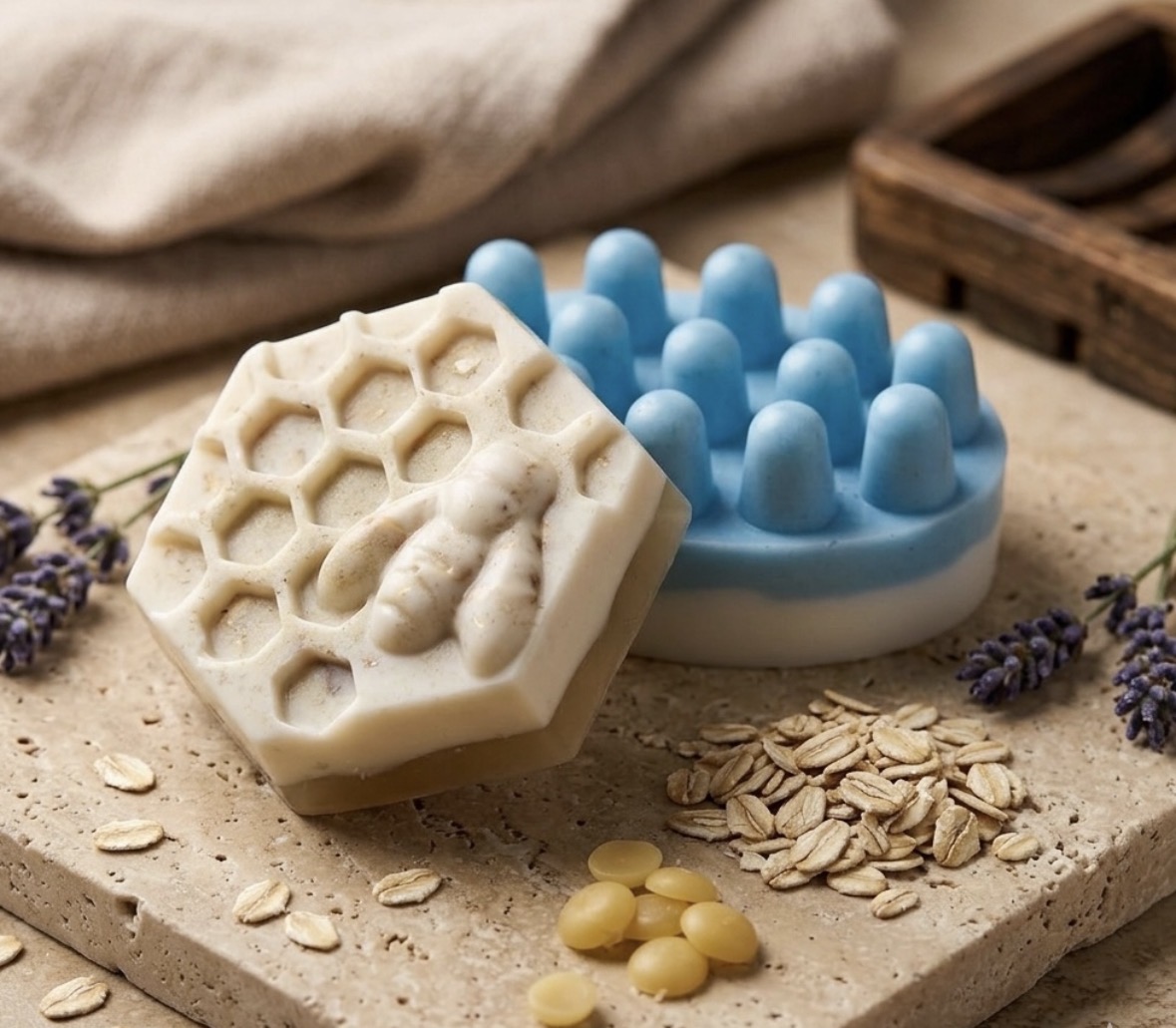 Soap with honeycomb pattern and blue massage soap on a textured surface with oats, lavender, and yellow beads.