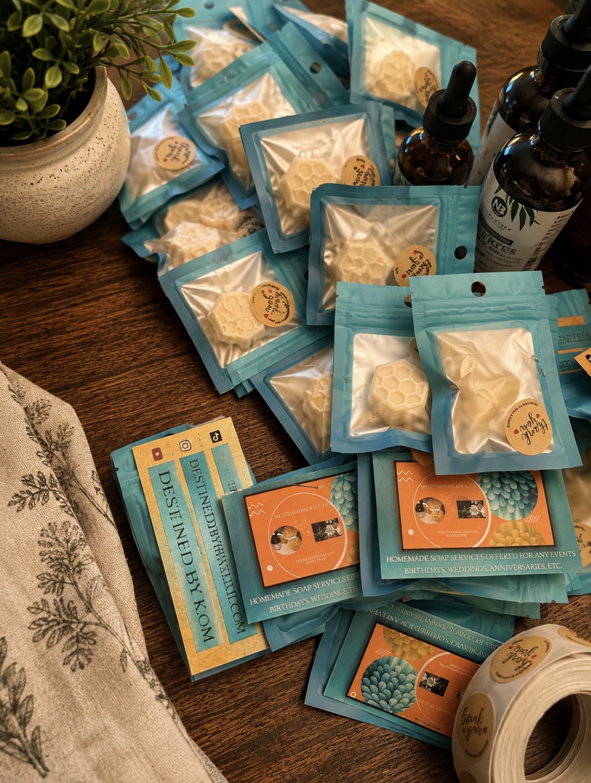 Assorted packaged products, bottles, and a roll of tape on a wooden surface, with a cloth and plant nearby.