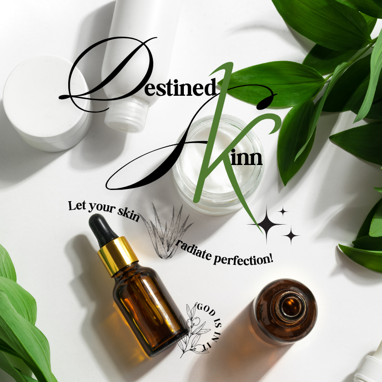 Skincare products, green leaves, and text on a white background promoting skin radiance and perfection.