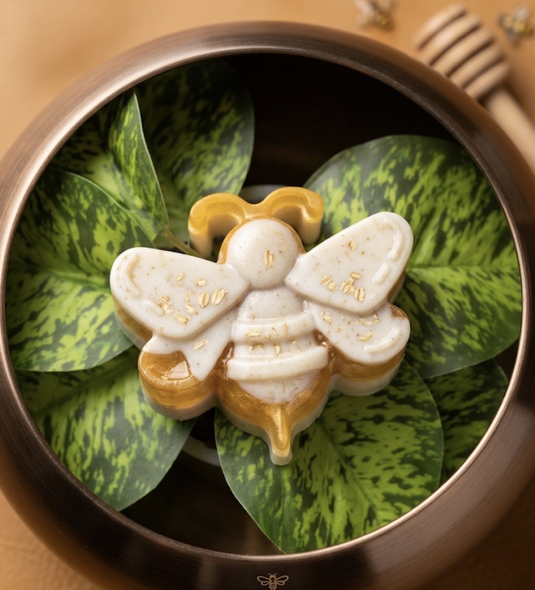Decorative bee-shaped cookie with white and gold icing, surrounded by green leaves inside a round container.