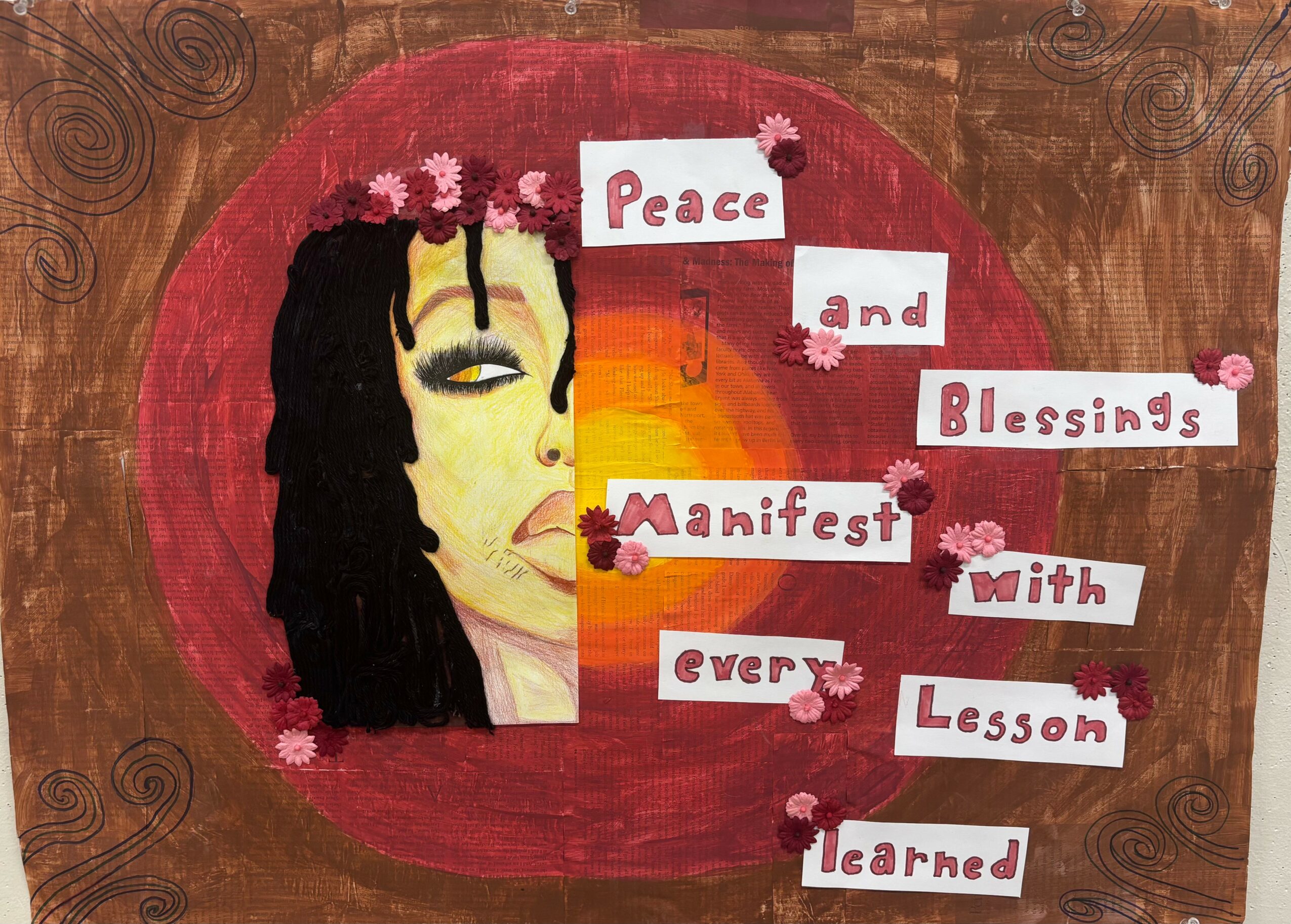 Artwork with a woman's face, pink flowers, and a message about peace, blessings, and lessons learned, on a brown background.