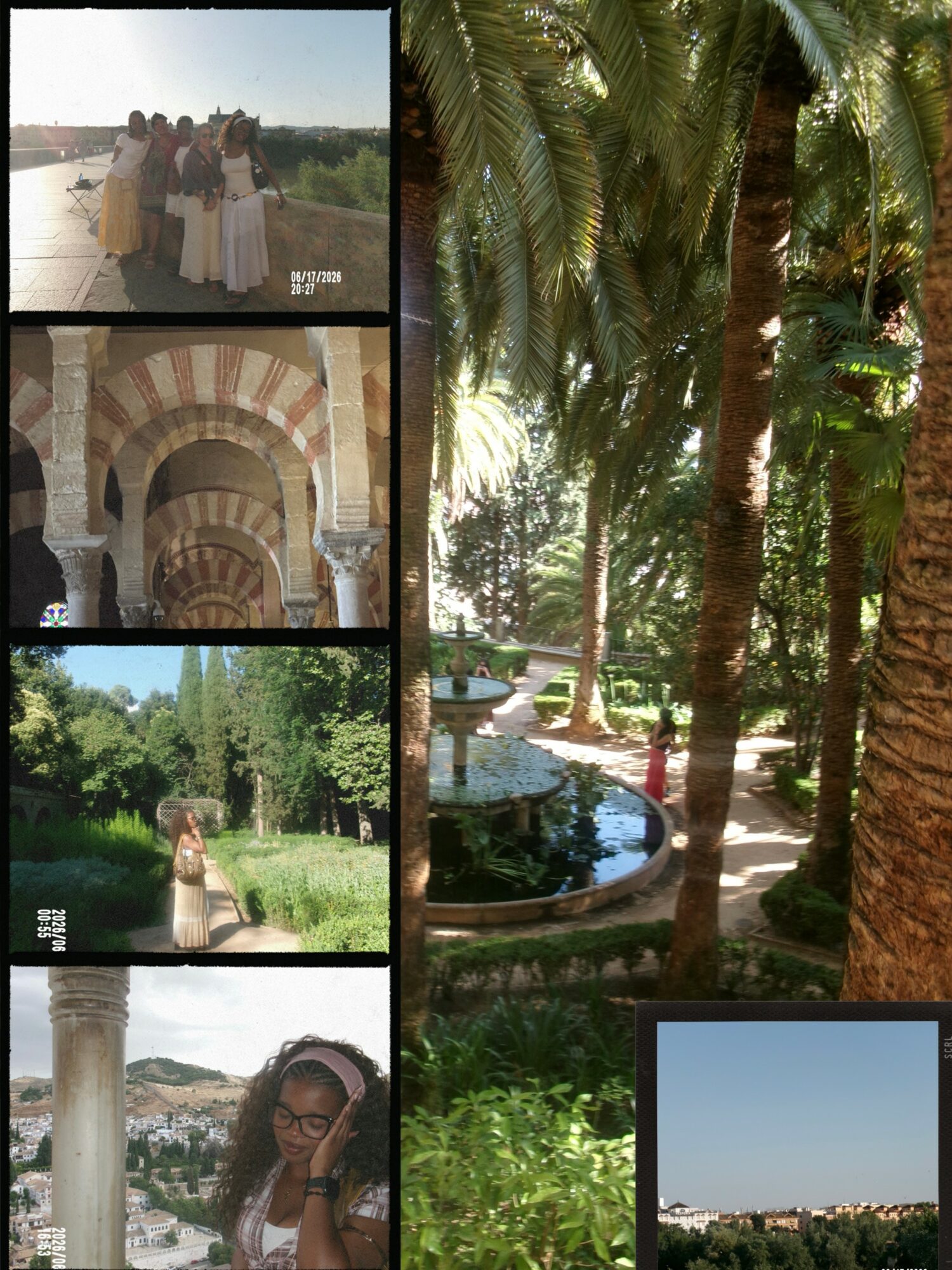 Collage of outdoor scenes with people, trees, and architecture, including a group gathering, a person near water, and a city view.