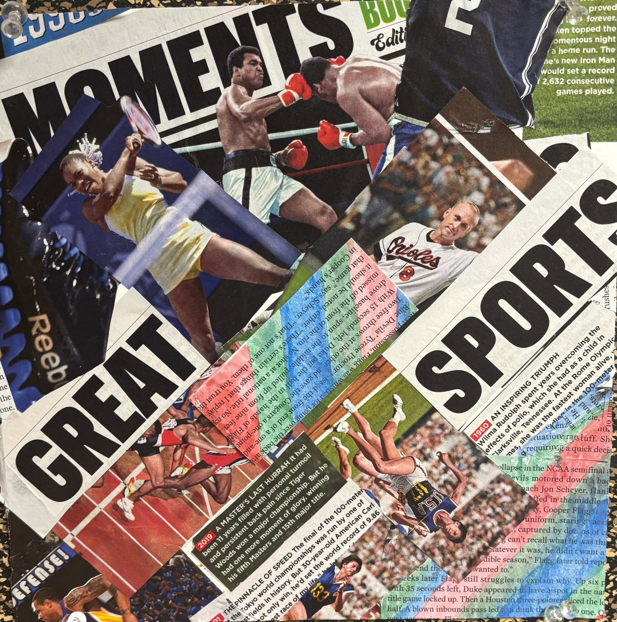 Collage of sports images including boxing, running, and a crowd at a sports event, with headlines and colorful overlays.